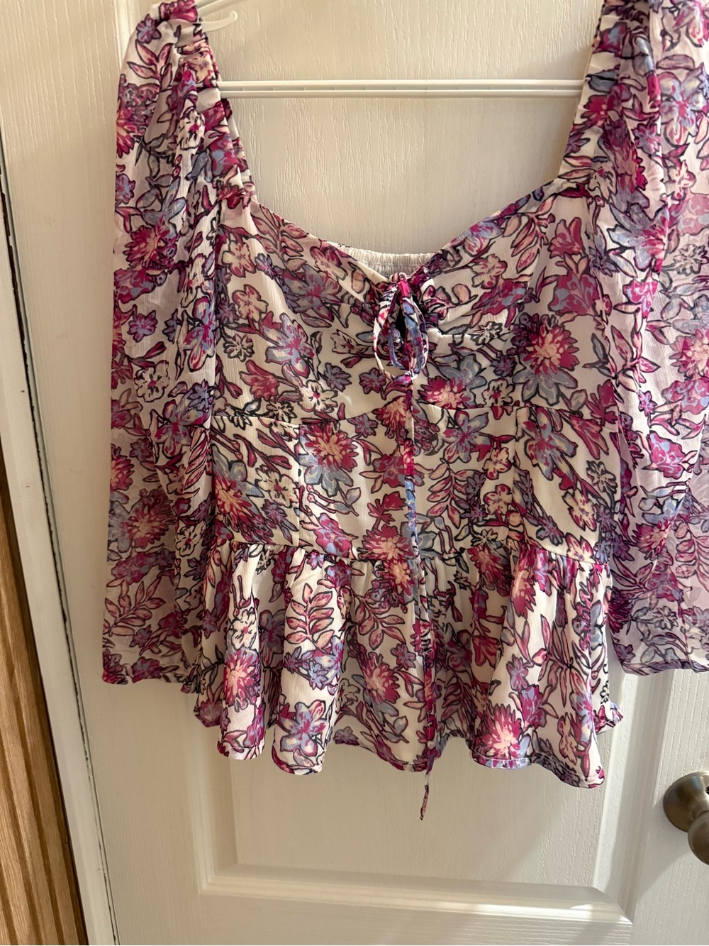 French Connection Pink and Purple Floral Tie-Front Peplum Top